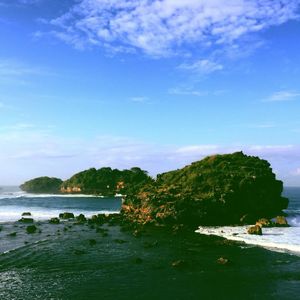 Scenic view of beach and sea against sky