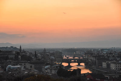 High angle view of buildings in city at sunset