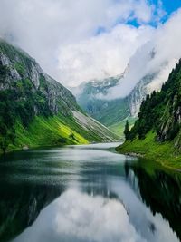 Scenic view of mountainlake and mountains against sky