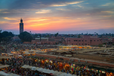 High angle view of city at sunset