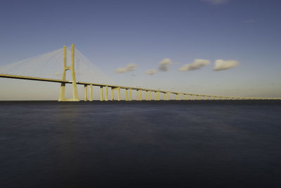 View of suspension bridge over sea