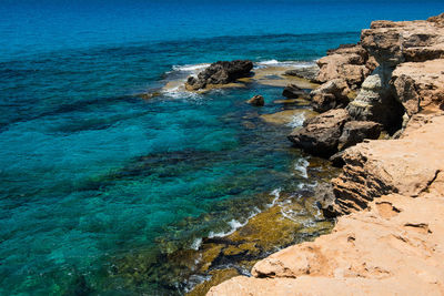 Scenic view of sea against blue sky