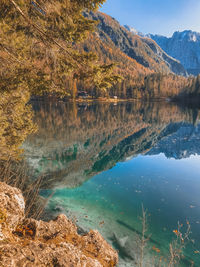 Scenic view of lake by mountain against sky