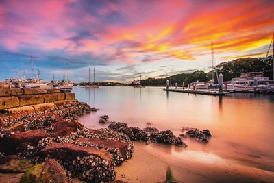 View of marina at sunset