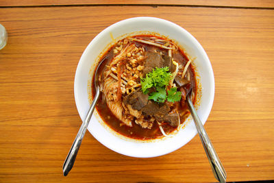 High angle view of meal served on table