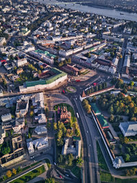 High angle view of street amidst buildings in city