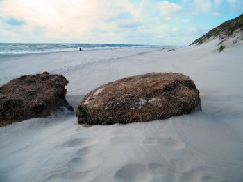 Hay bales at beach against sky at dusk