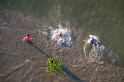 High angle view of men in water