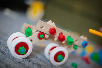 High angle view of toys on table