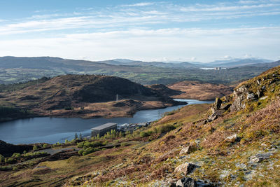 Panorama of tanygrisiau reservoir and the surrounding area near blaenau ffestiniog in snowdonia.