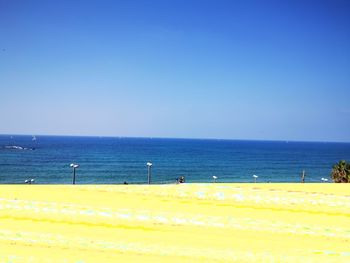 Scenic view of sea against clear blue sky