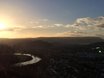 High angle shot of cityscape at sunset