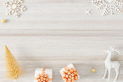 High angle view of christmas decorations on table