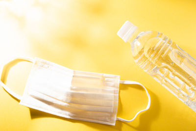 High angle view of bottle on table