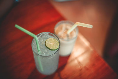 High angle view of drink on table