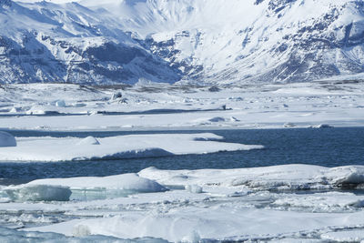 Scenic view of snow covered mountains