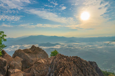 Scenic view of mountains against sky during sunset