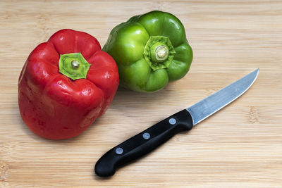 High angle view of bell peppers on table