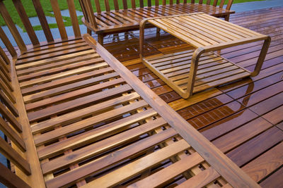 High angle view of chairs on table