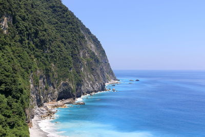 Scenic view of sea against clear blue sky