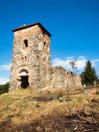 Low angle view of old building against clear blue sky