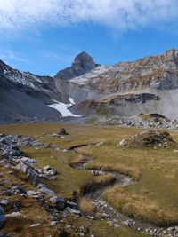 Scenic view of snowcapped mountains against sky