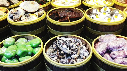 High angle view of various food on table