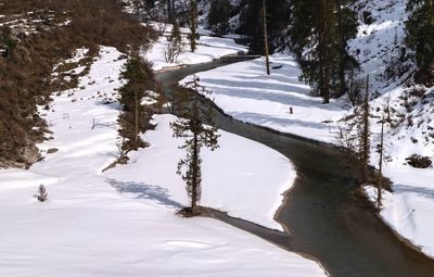 High angle view of snow covered field