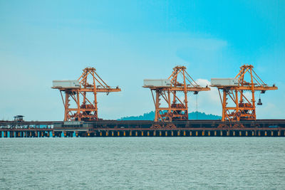 Cranes at commercial dock against clear sky