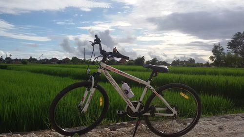 Bicycle on agricultural field against sky
