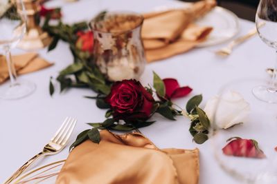 High angle view of rose bouquet on table