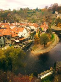 High angle view of town against sky