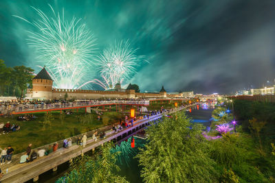 Summer night fireworks above the kremlin at end of day of the city in tula, russia