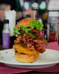 Close-up of burger in plate on table