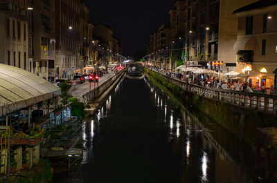 Colorful, stunning, scenic view of naviglio paves canal full with restaurants, bars and people