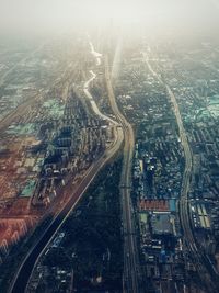 High angle view of cityscape on highway