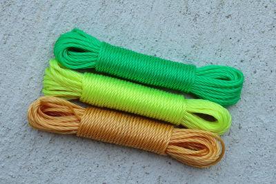 High angle view of multi colored ropes on table