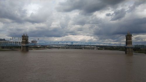 View of suspension bridge against cloudy sky