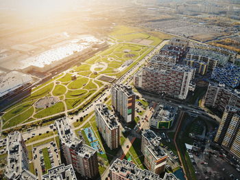 High angle view of buildings in city