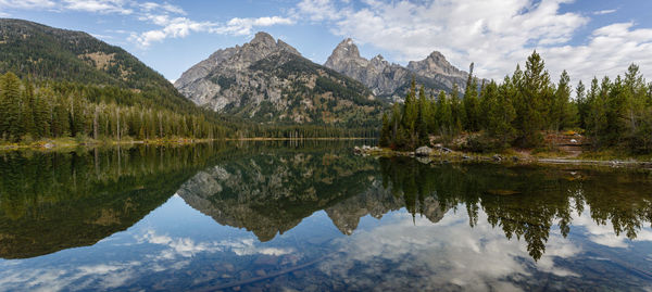 Scenic view of lake and mountains against sky