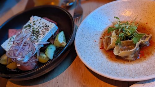 High angle view of food in plate on table