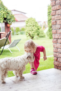 A little cute girl in the yard kissing a white small dog