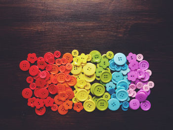 High angle view of colorful balls on table