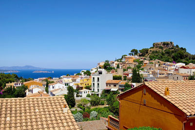 High angle view of townscape against clear blue sky