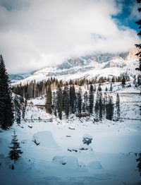 Scenic view of snow covered mountains against sky