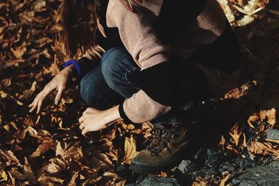 Cropped image of woman crouching on dry leaves during autumn