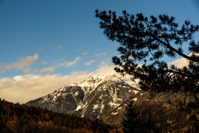 Low angle view of snowcapped mountain against sky