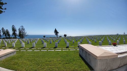 Tombstones on landscape against clear blue sky