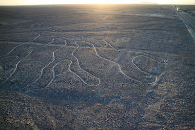 Ancient geoglyphs nazca lines called arbol, view from observation tower in nazca desert of peru