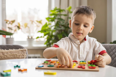 Portrait of boy playing with toy blocks at home